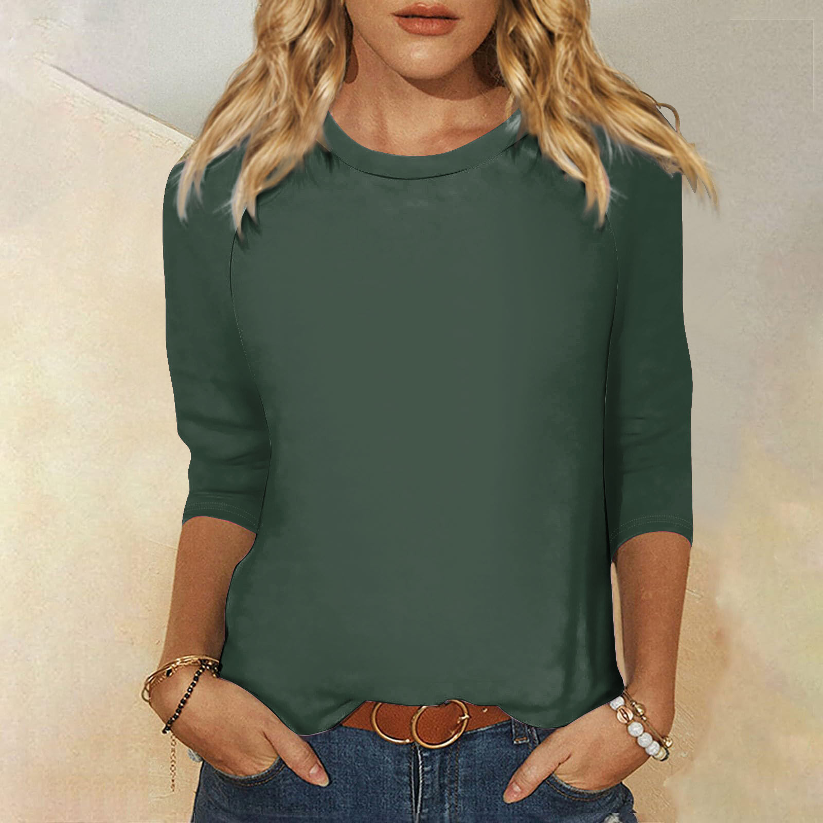 thumbnail image 2 of Camisa raglán informal de manga 3/4 para mujer, cuello redondo, poliéster, color liso, estilo informal y moderno, tallas S-XXL, 2 of 5